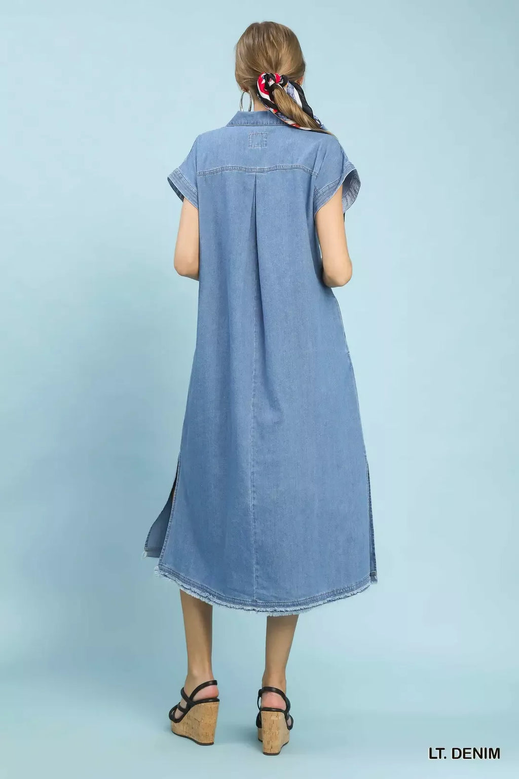 Stone Washed Collared Denim Midi Dress in Light Denim for Women