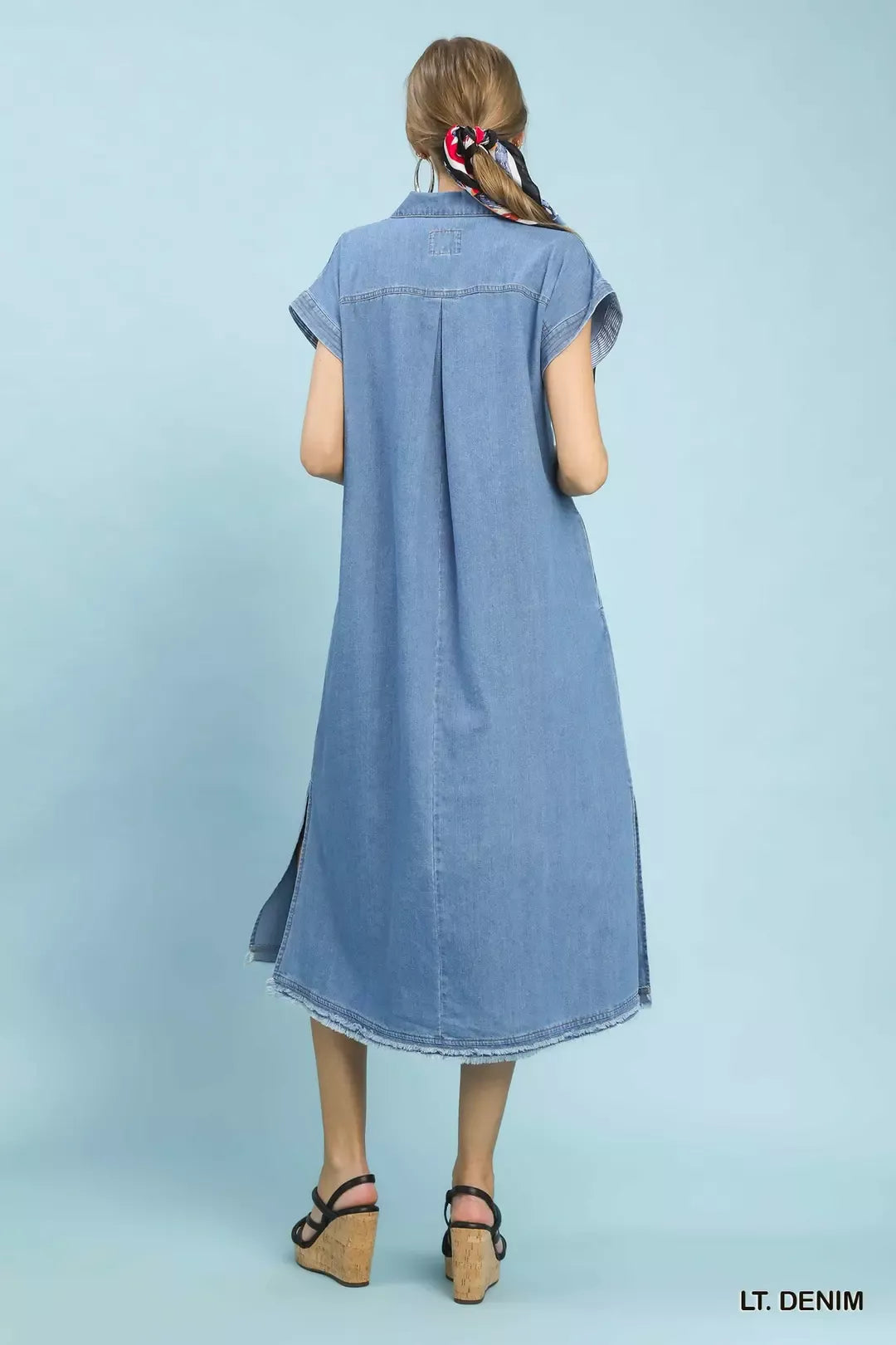 Stone Washed Collared Denim Midi Dress in Light Denim for Women