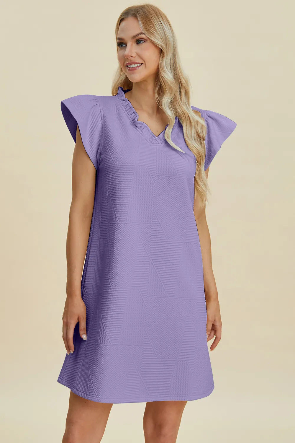 Plus Size Ruffled V-Neck Cap Sleeve Dress in Cream for Women