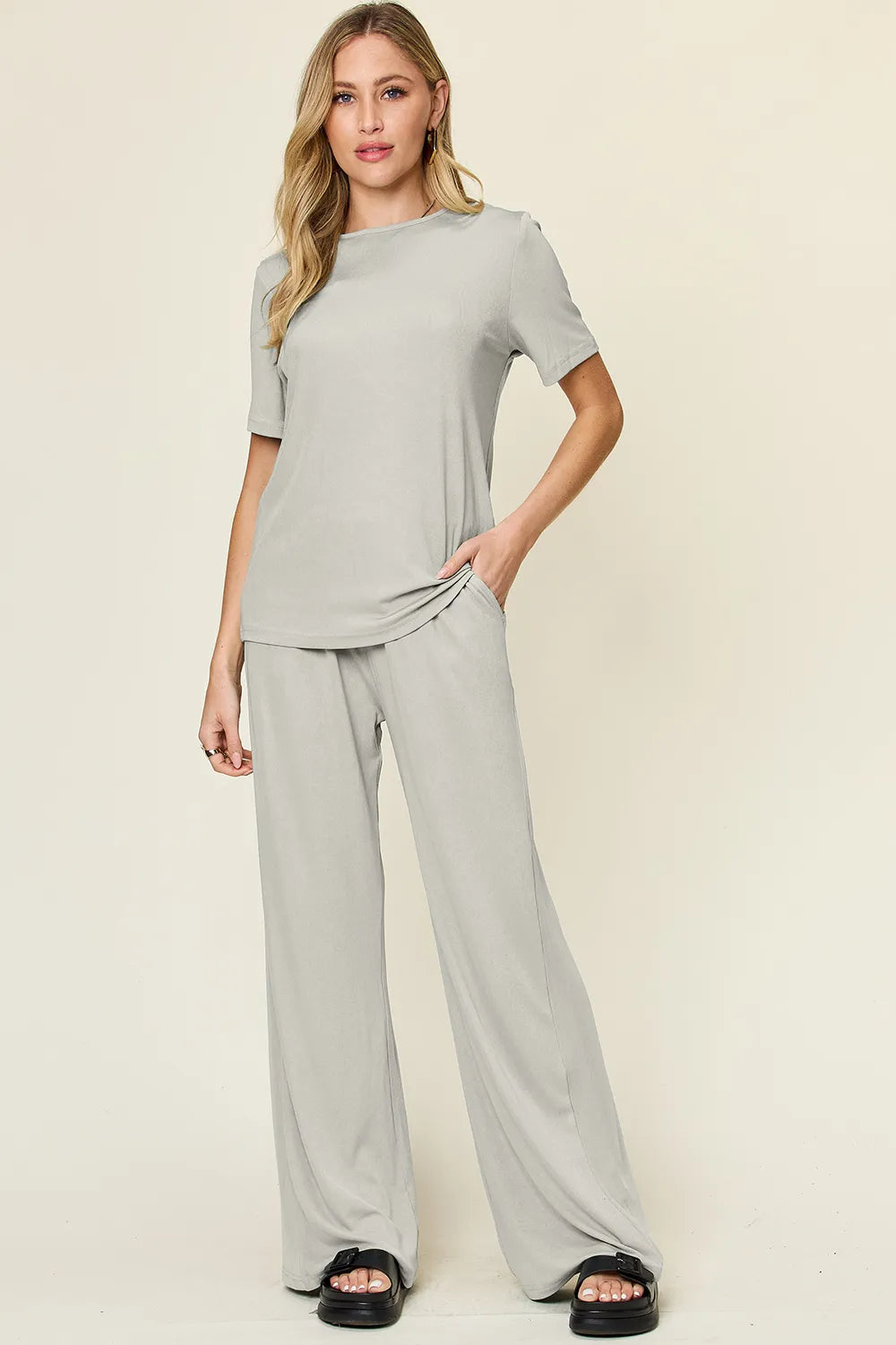 Plus Size Round Neck Short Sleeve T-Shirt and Wide Leg Pants Set in Light Gray for Women