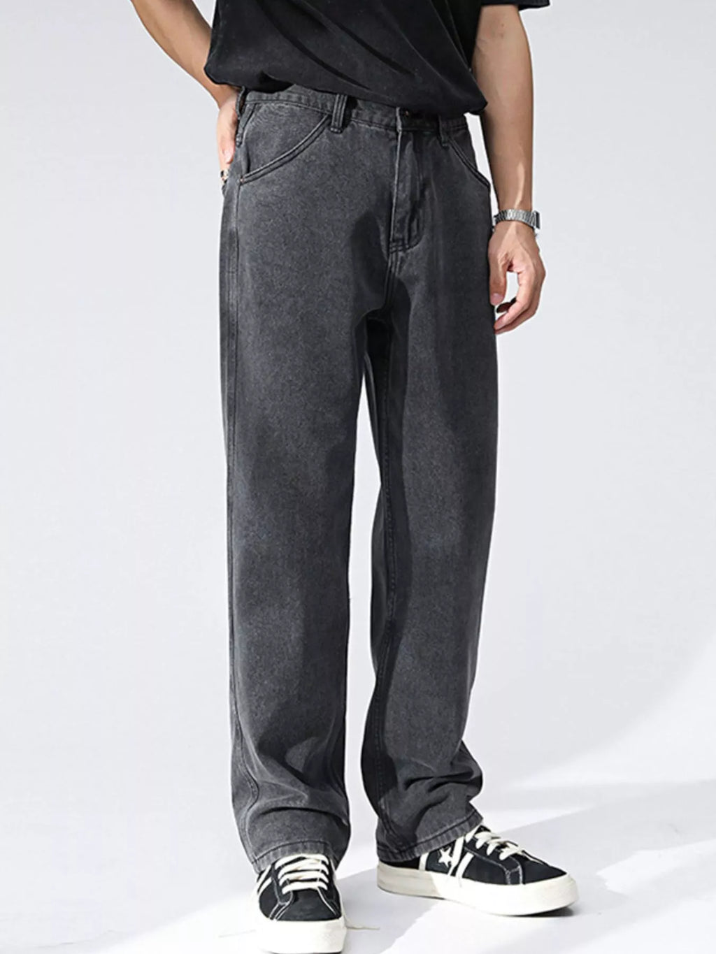 Wash Relaxed Fit Wide Leg Jeans in Black and Gray for Men