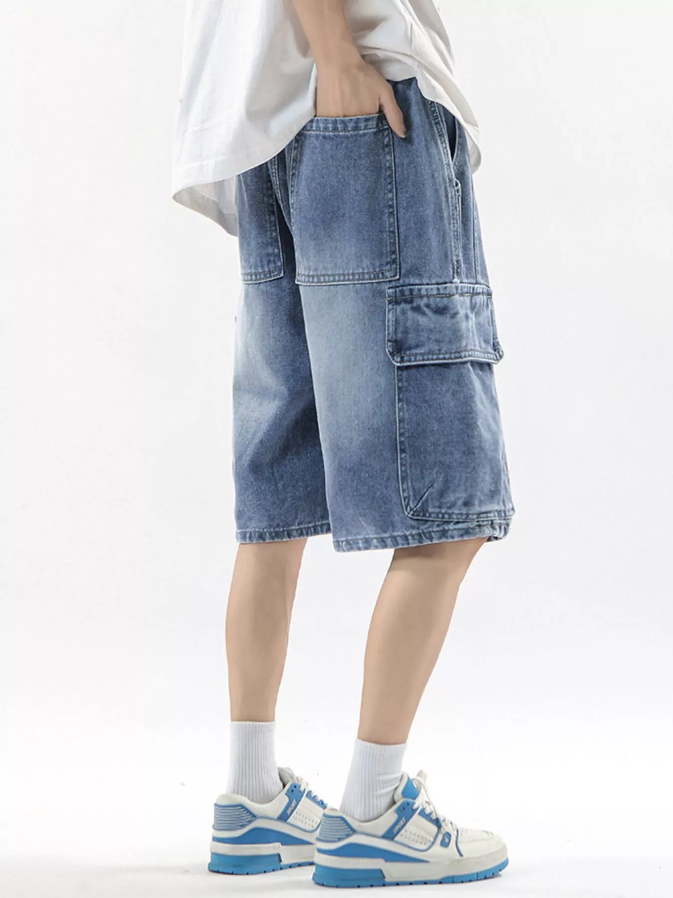 Wash Drawstring Cargo Shorts Plus Size in Vintage Blue for Men