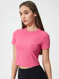 Round Neck Short Sleeve Active T-Shirt in Fuchsia Pink for Women