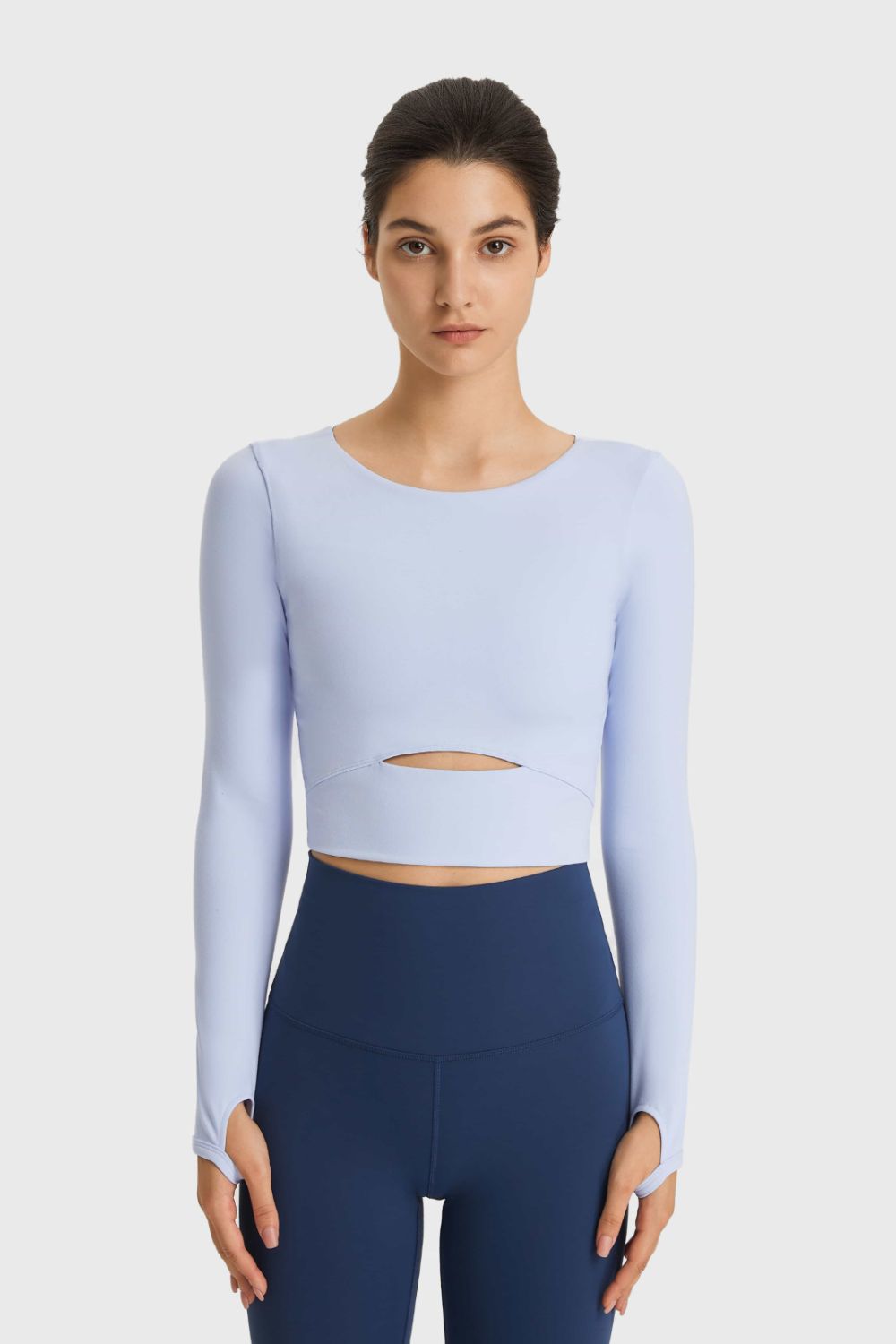 Cutout Long Sleeve Cropped Sports Top in Blue for Women
