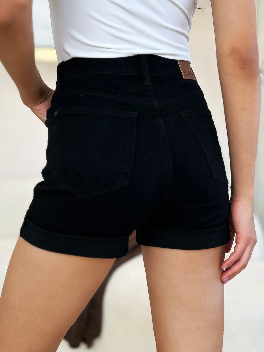 Plus Size High Waist Tummy Control Cuffed Denim Shorts in Black for Women