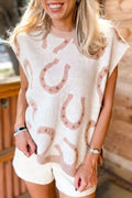 Horse Shoe Western Print Tied Side Cap Sleeve Knit Top in Dust Storm for Women