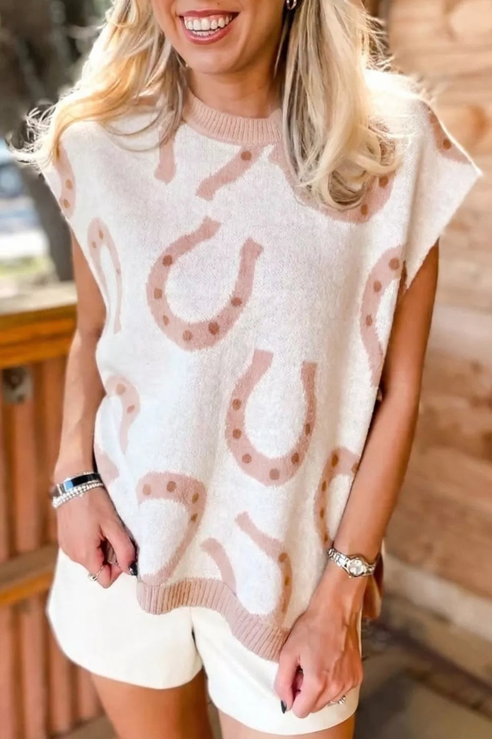 Horse Shoe Western Print Tied Side Cap Sleeve Knit Top in Dust Storm for Women
