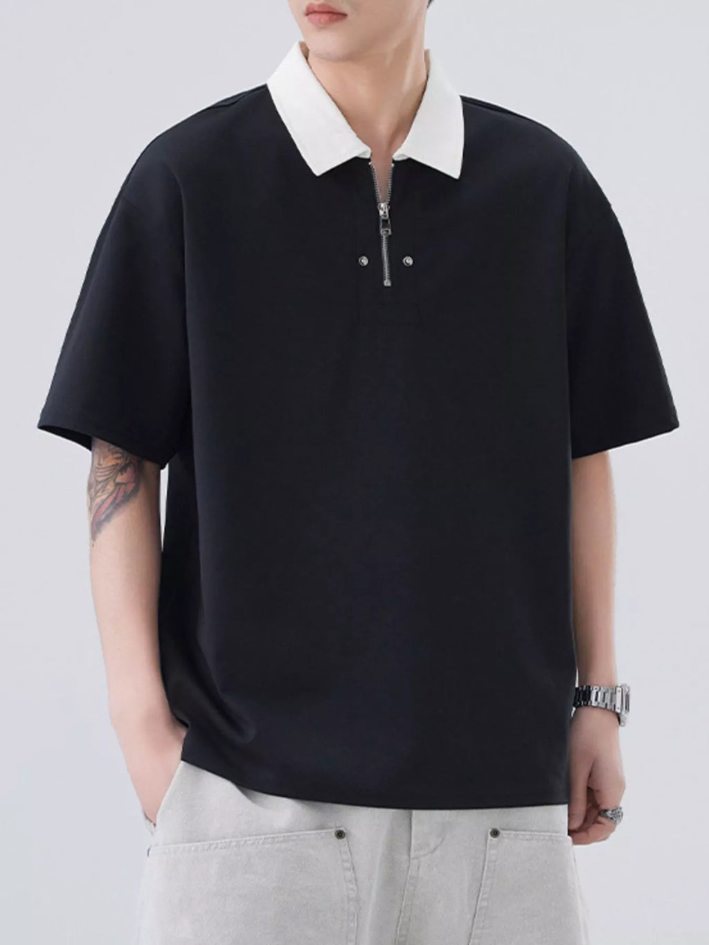 Plus Size Quarter Zip Short Sleeve Polo in Apricot for Men