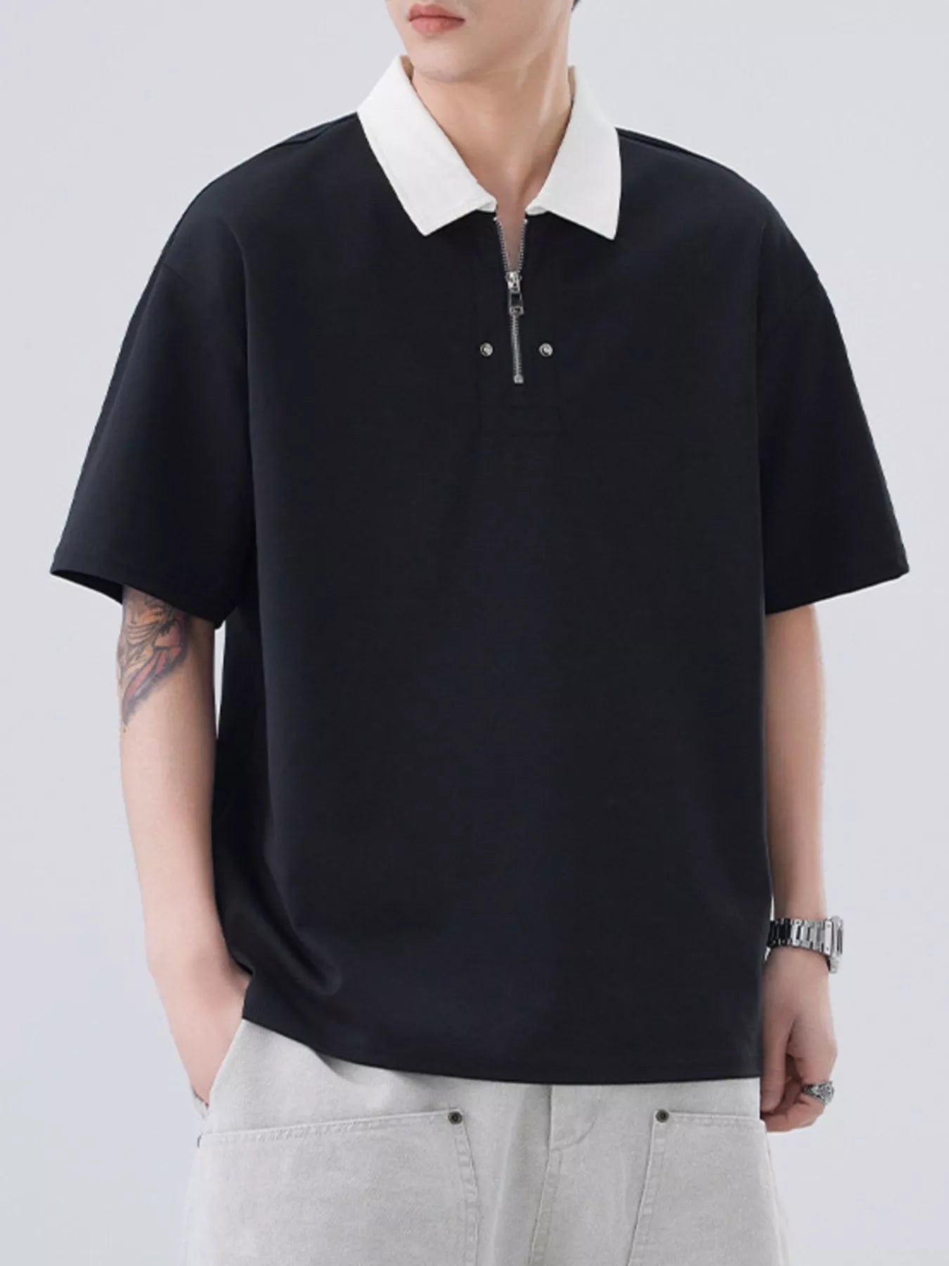 Plus Size Quarter Zip Short Sleeve Polo in Apricot for Men