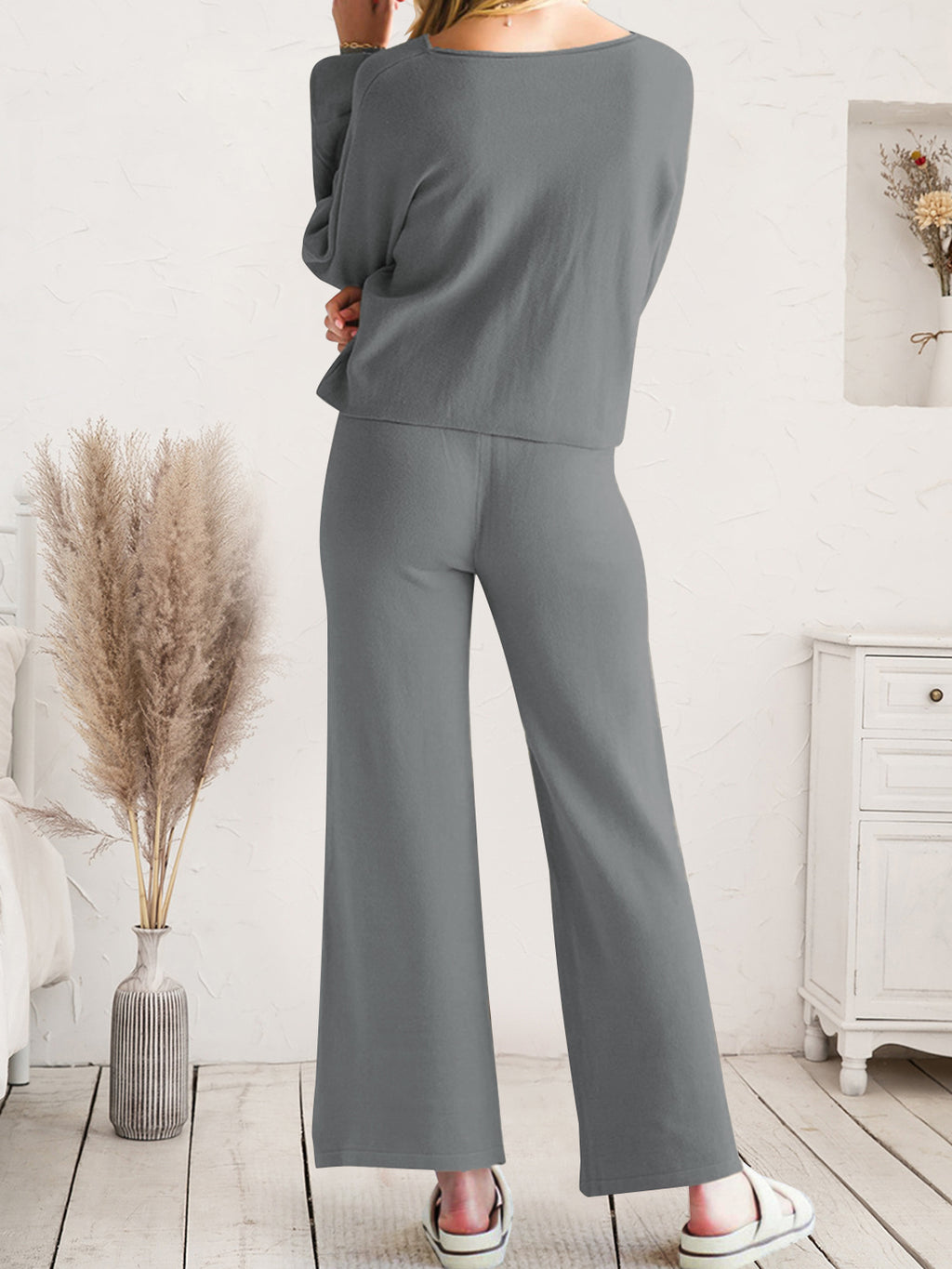 Long Sleeve Lounge Top and Drawstring Pants Set in Dark Gray for Women