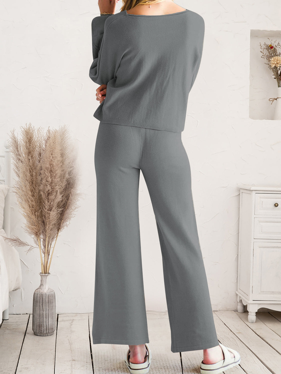 Long Sleeve Lounge Top and Drawstring Pants Set in Dark Gray for Women