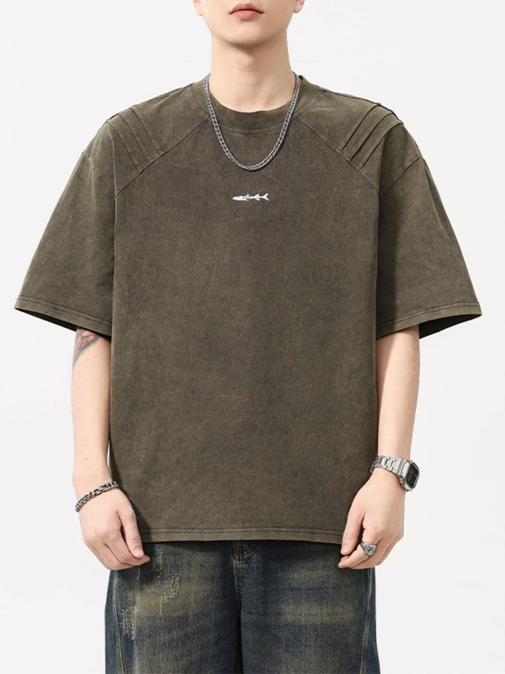 Plus Size Vintage Washed Round Neck Tee in Olive Brown for Men