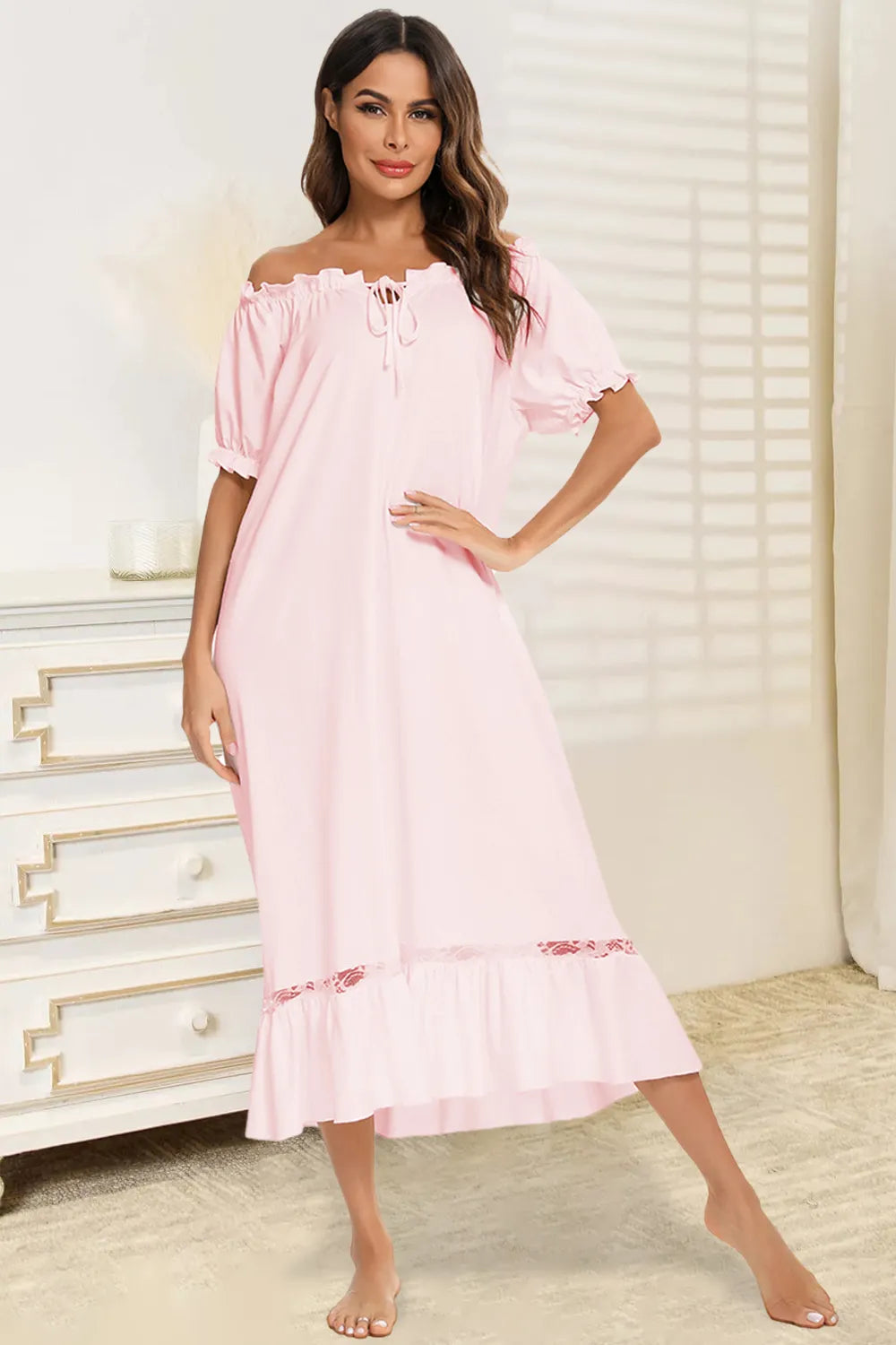 Lace Detail Short Sleeve Lounge Dress in Blush Pink for Women
