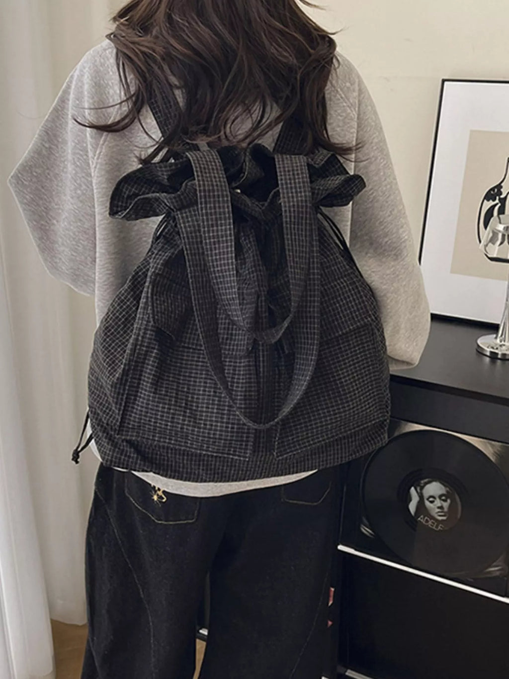 Convertible Plaid Drawstring Backpack Bag for Women