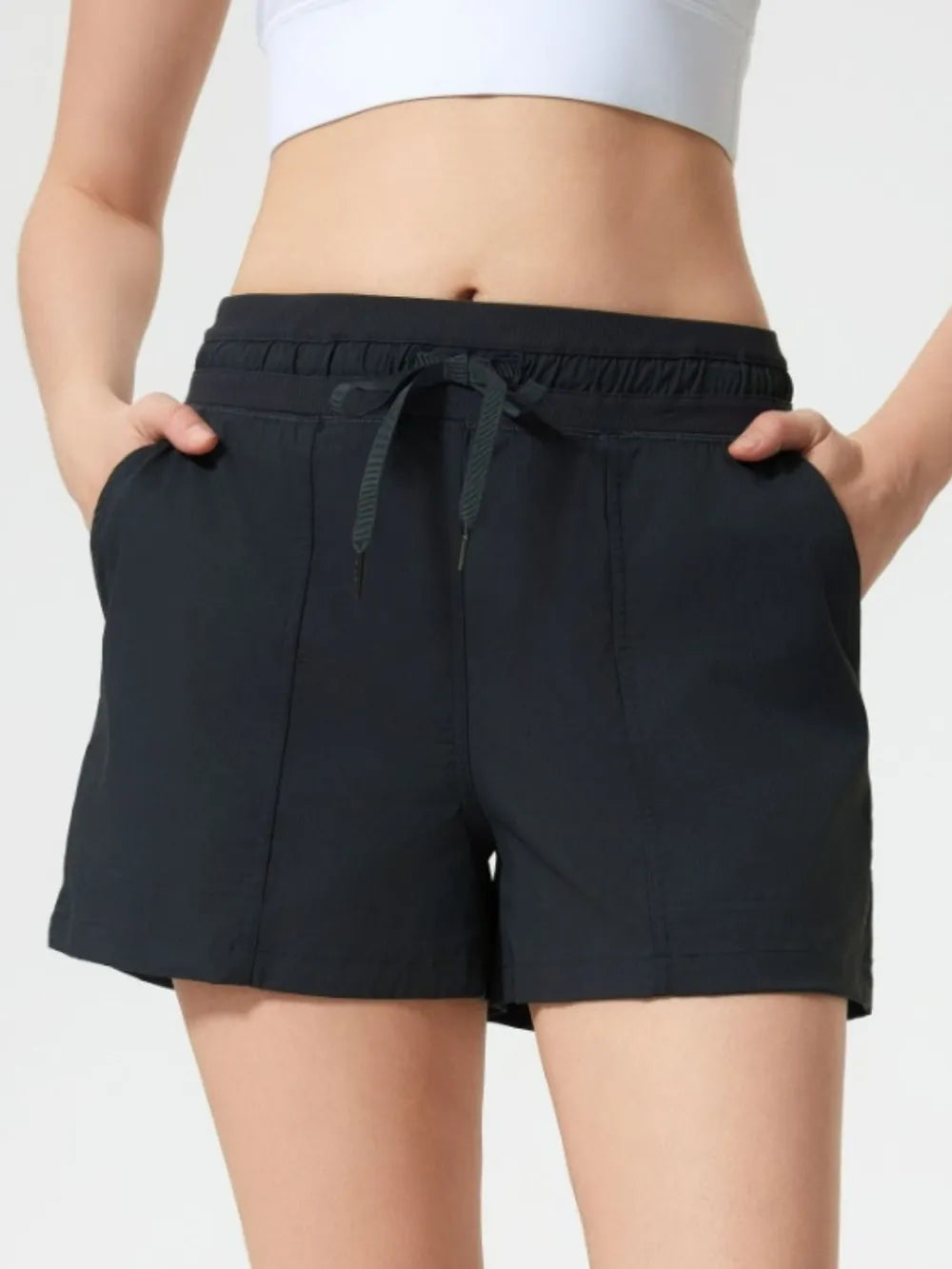 Drawstring Active Shorts with Pockets in Black for Women