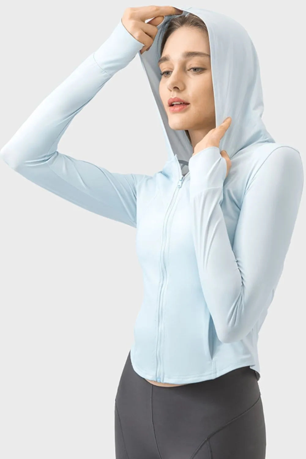 Pocketed Zip Up Hooded Long Sleeve Active Outerwear in Light Blue for Women
