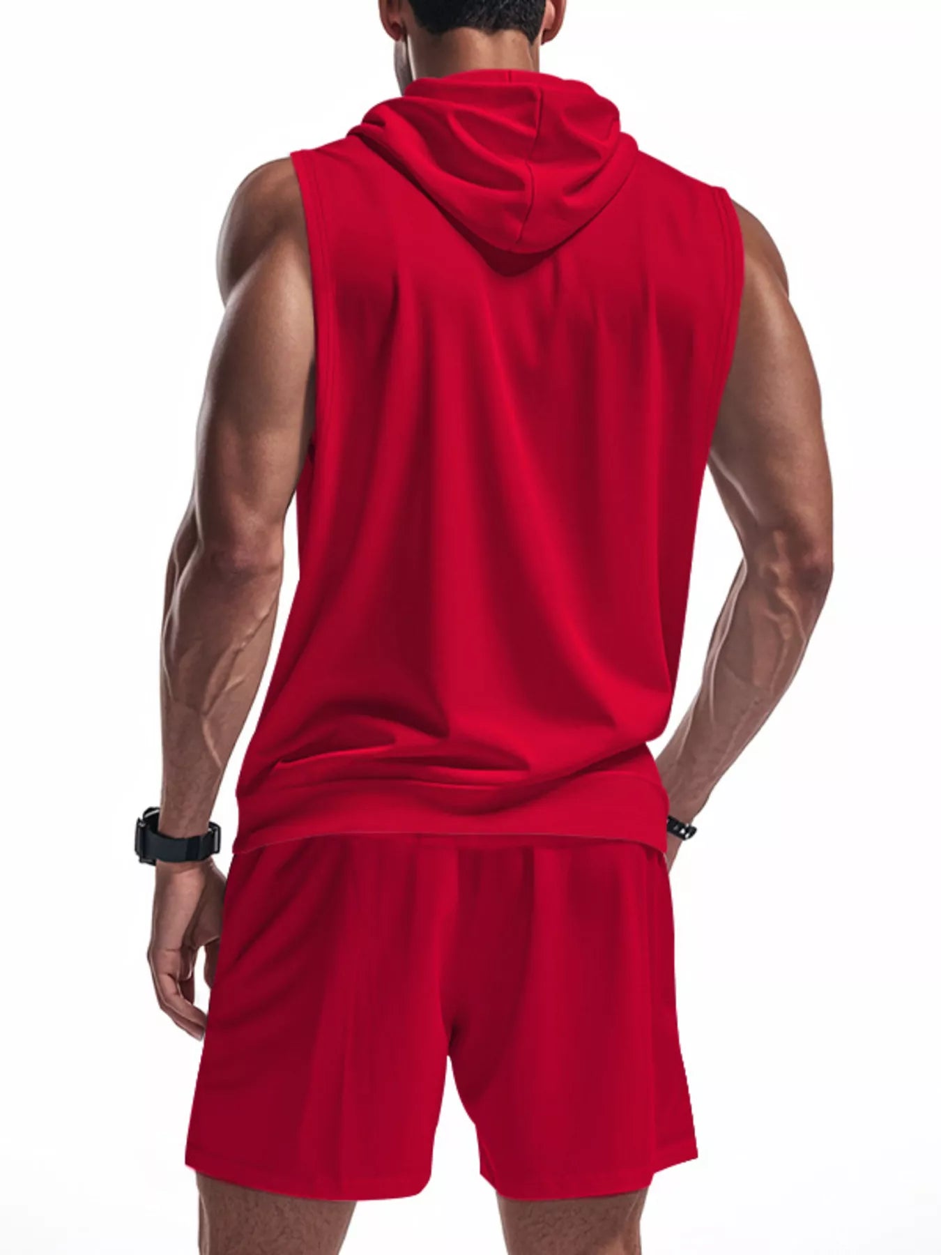 Zip Up Sleeveless Hoodie & Shorts Set Plus Size in Red for Men