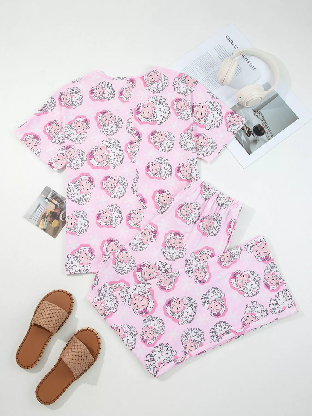 Santa Claus Print V Neck Tee Drawstring Pants 2pcs Lounge Set in Dusty Pink for Women