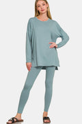 Plus Size Brushed Microfiber Top and Leggings Lounge Set in Blue Grey for Women