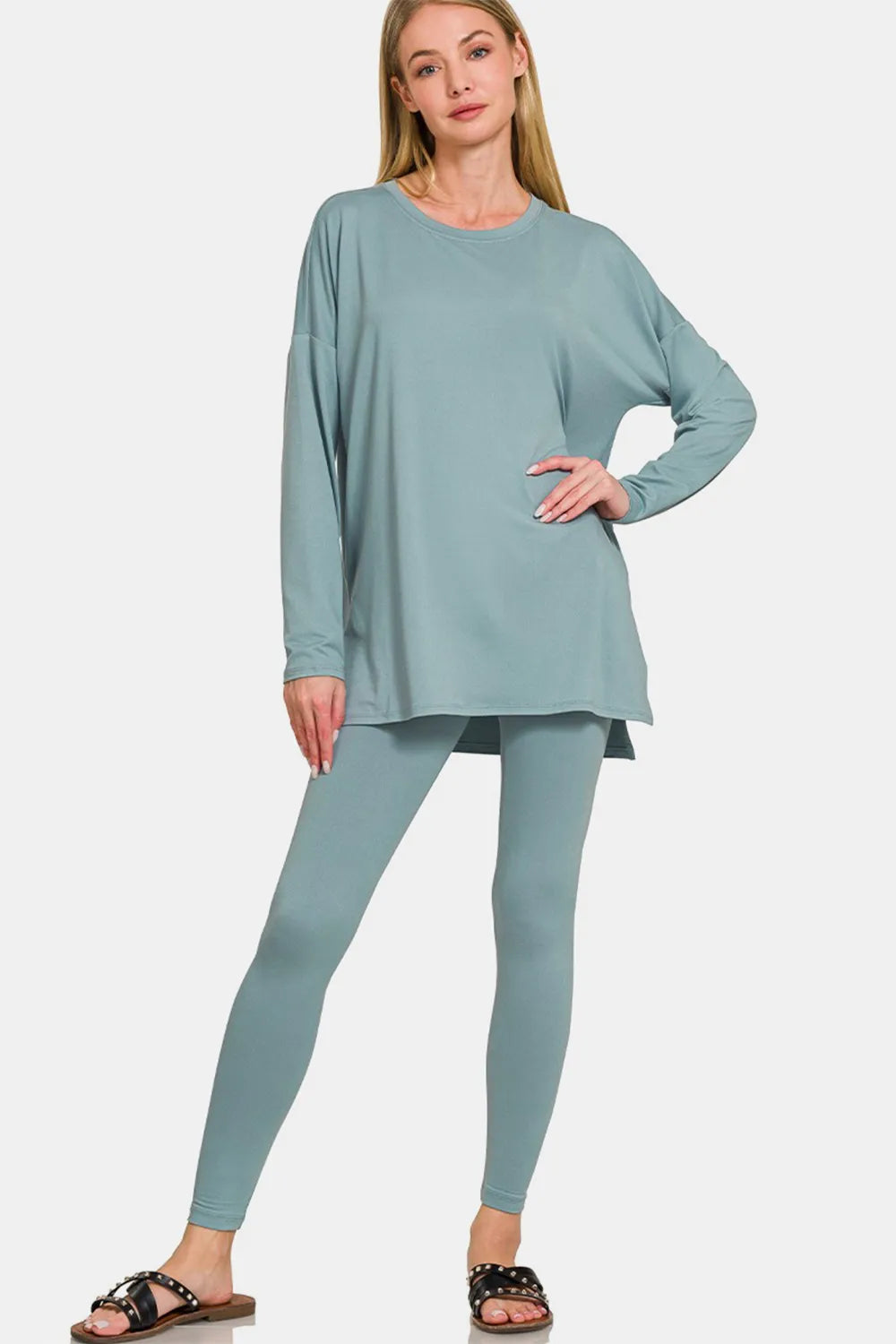 Plus Size Brushed Microfiber Top and Leggings Lounge Set in Blue Grey for Women