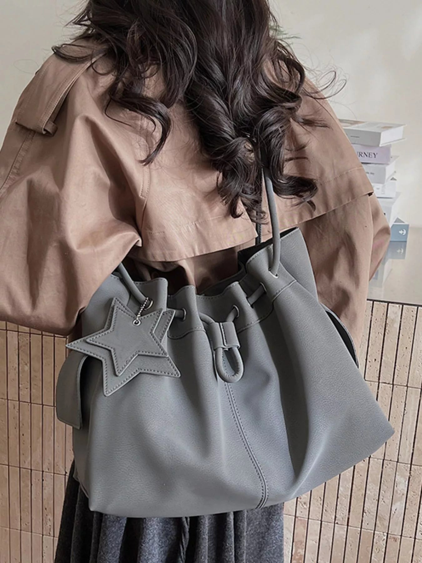 Drawstring Shoulder Bag with Star Charm for Women