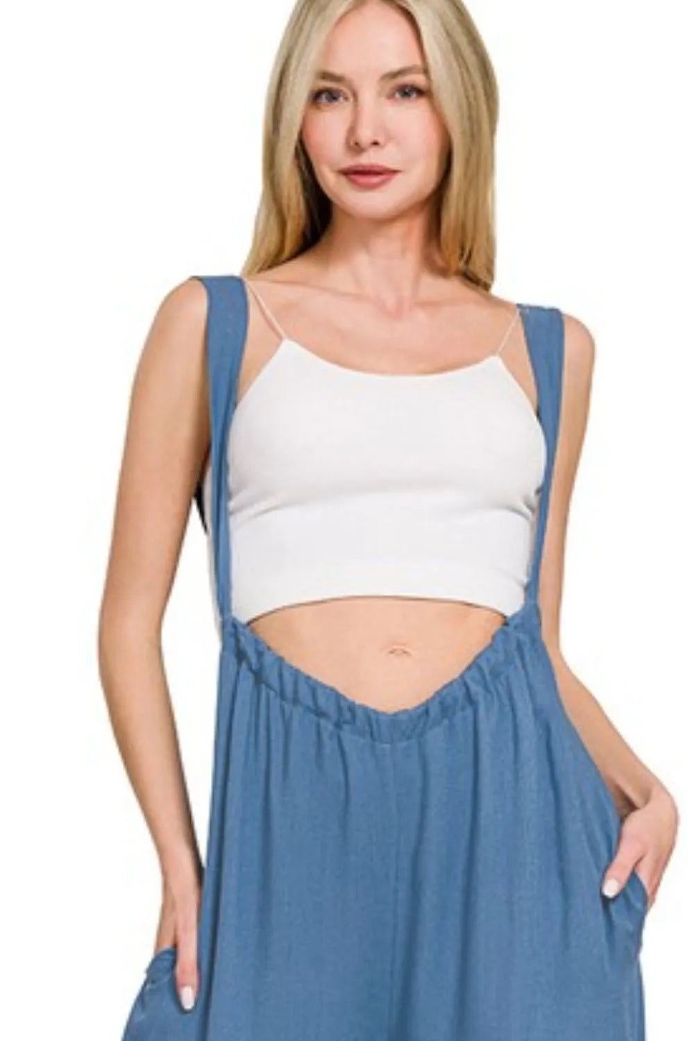 Woven Tie Back Suspender Jumpsuit in Dusty Blue for Women