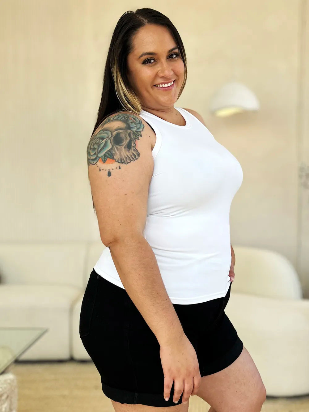 Plus Size Round Neck Slim Tank in Classic in White for Women