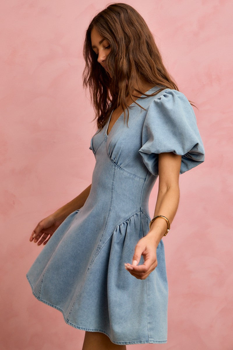 Bubble Sleeves Denim Fit and Flare Mini Dress for Women