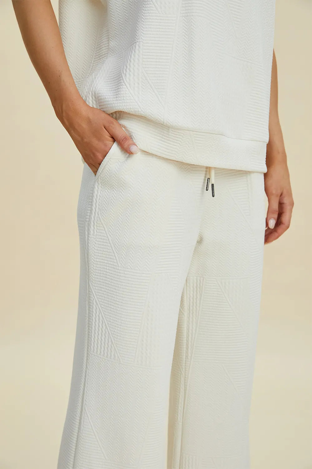 Plus Size Pearl Detail Round Neck Top and Pants Set in Cream for Women