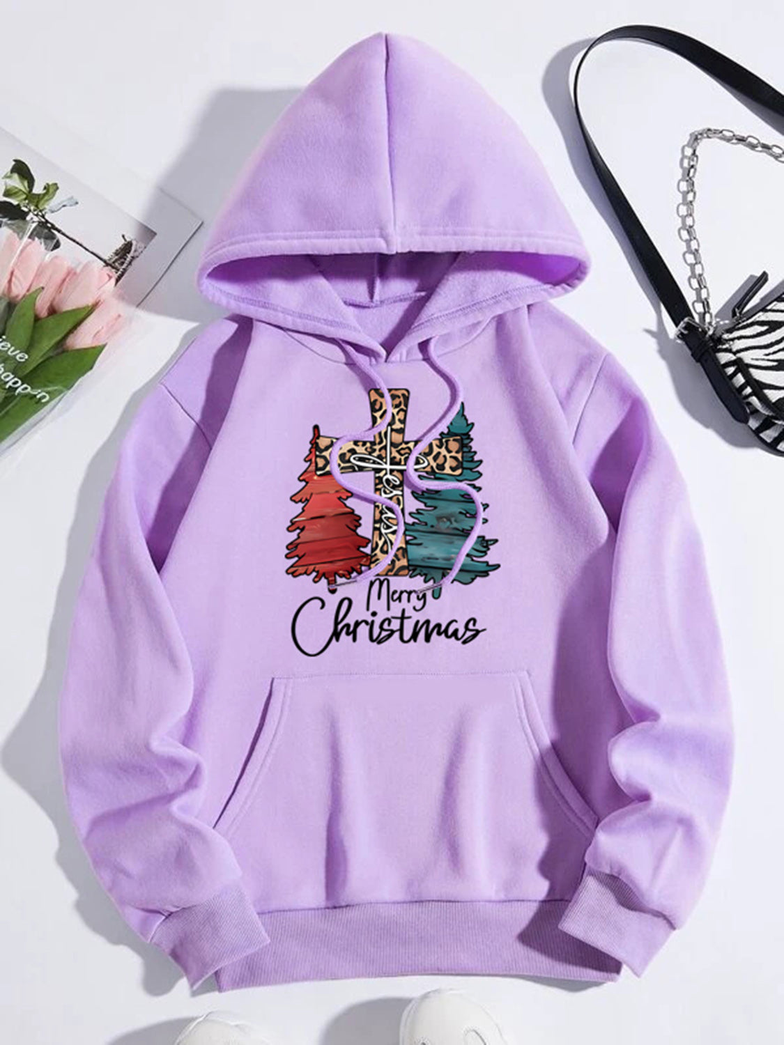 Merry Christmas Graphic Drawstring Hoodie in Chestnut in Lilac for Women
