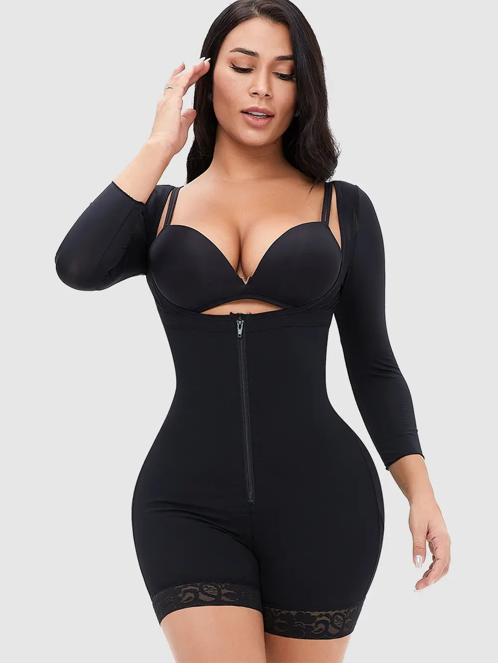 Plus Size Zip Up Lace Detail Long Sleeve Shapewear in Black for Women