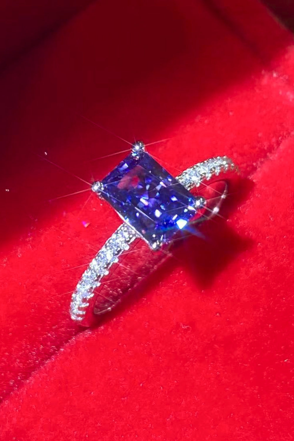 1 Carat Moissanite 925 Sterling Silver Rectangle Ring in Blue for Women