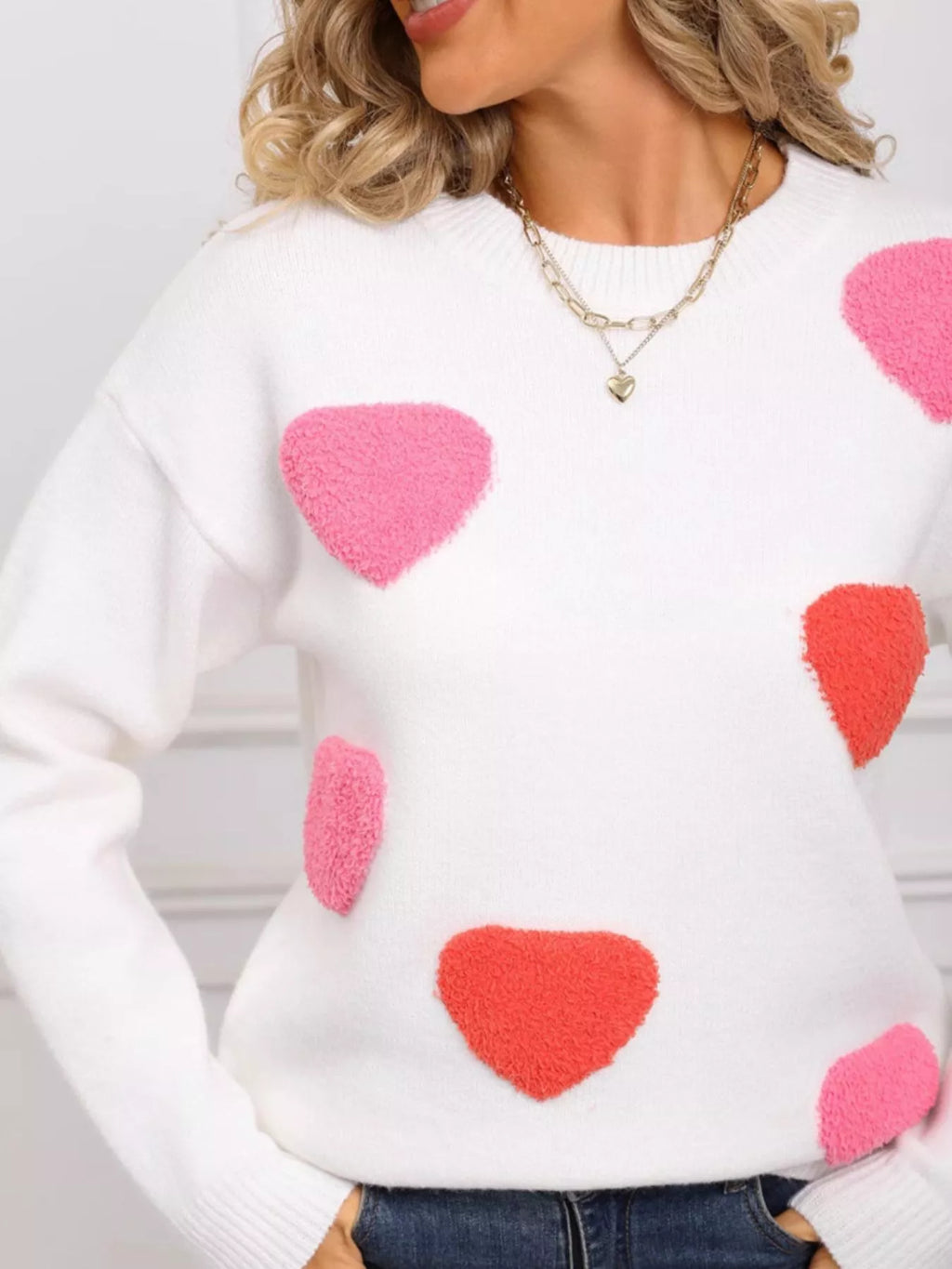 Valentines Day Heart Pattern Long Sleeve Sweater in White for Women