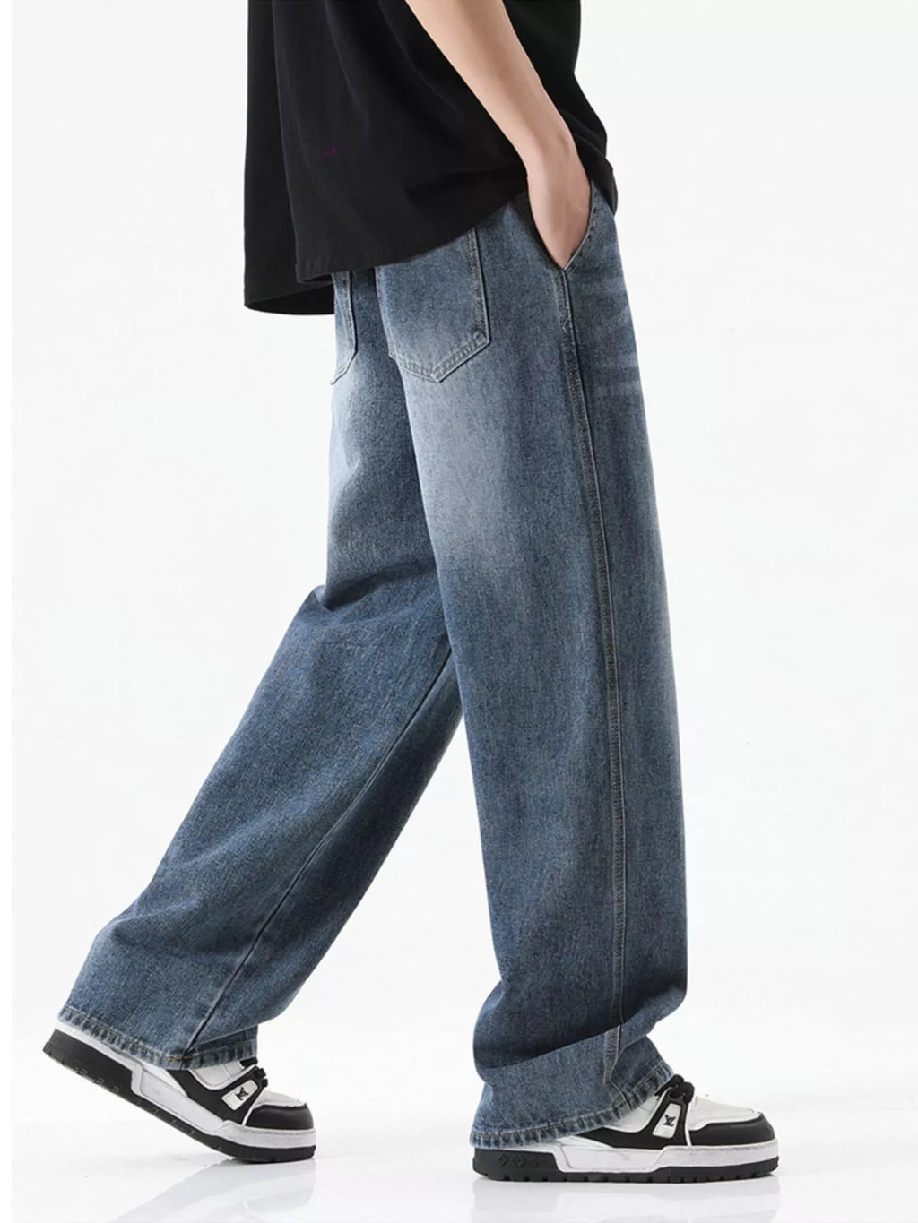 Drawstring Wash Wide Leg Jeans Plus Size in Light Blue for Men