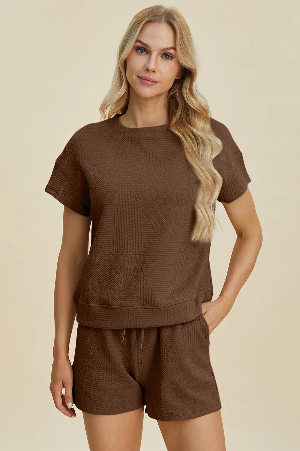 Plus Size Texture Short Sleeve Top and Shorts Set in Cerulean for Women