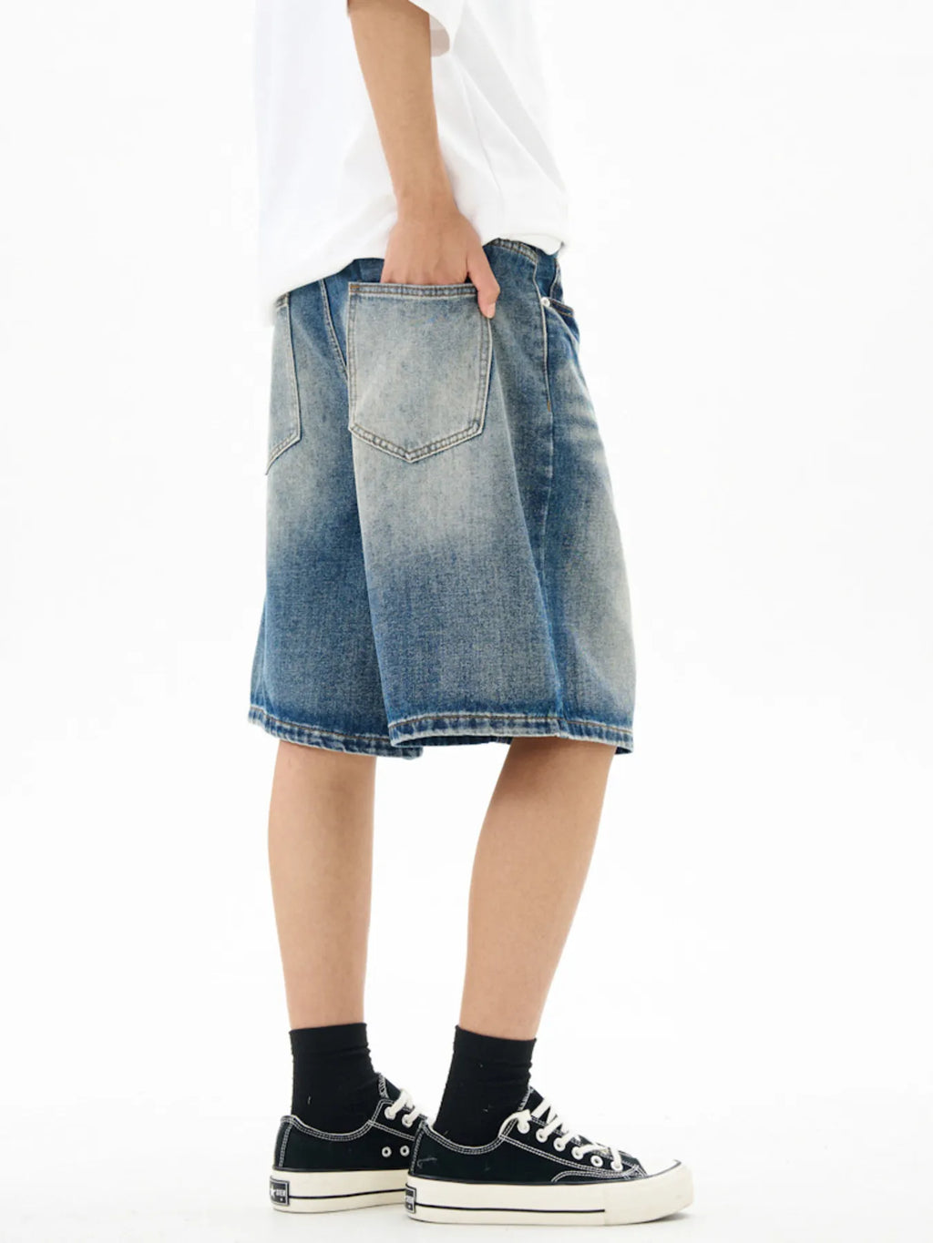 Washed Loose Fit Denim Shorts in Light Blue for Men