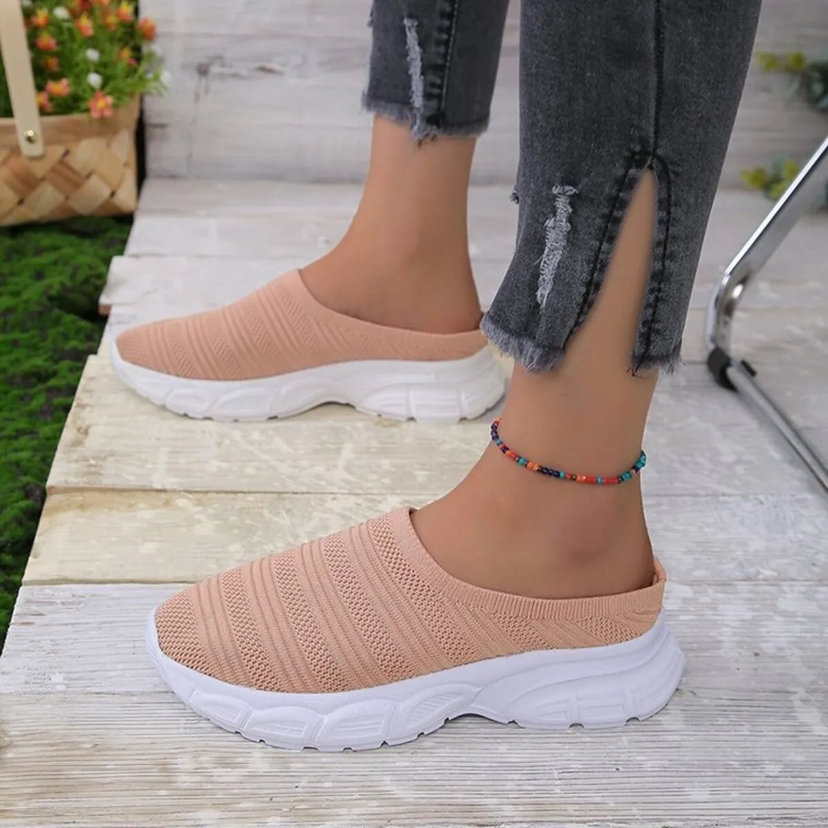 Breathable Mesh Round Toe Slip-Ons in Grey for Women