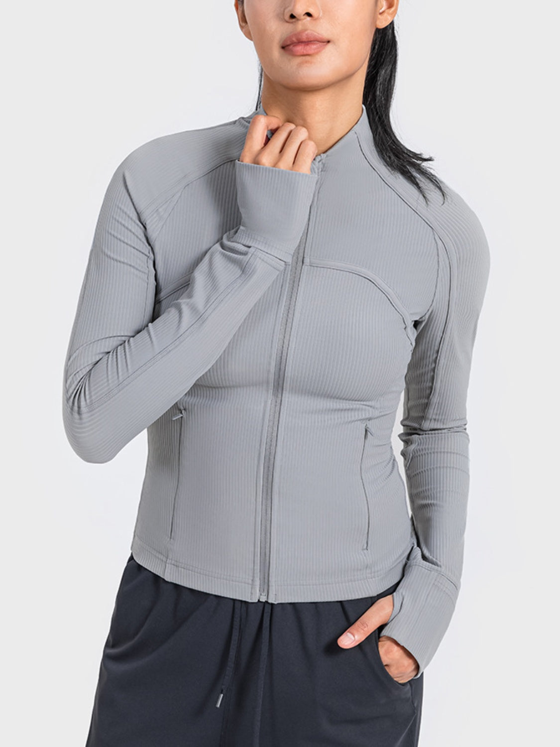 Zip-Up Long Sleeve Sports Jacket in Heather Gray for Women
