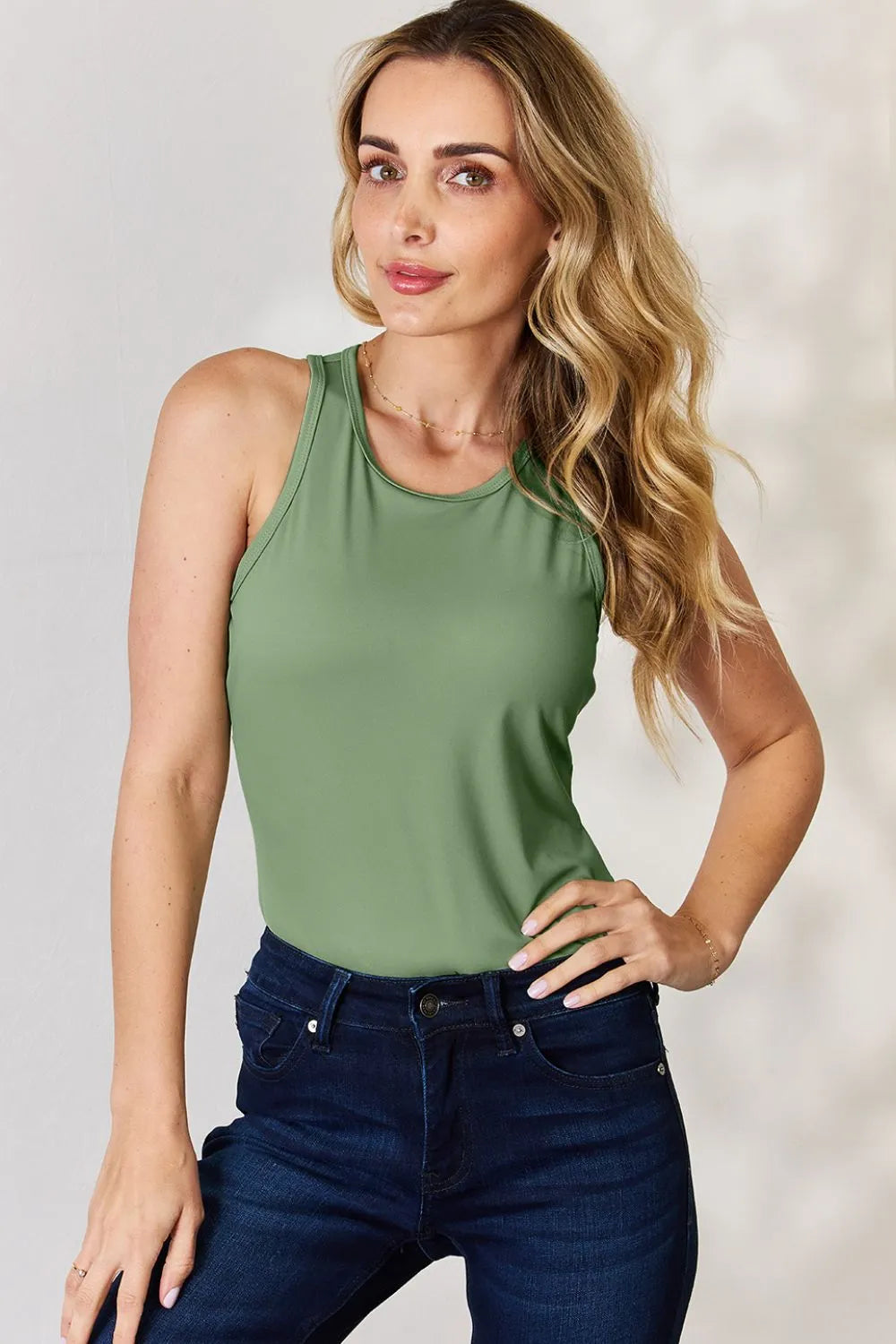 Plus Size Round Neck Racerback Tank in Light Green for Women