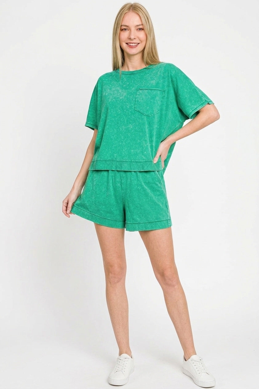 Acid Washed Oversized Top & Shorts Set in Green for Women