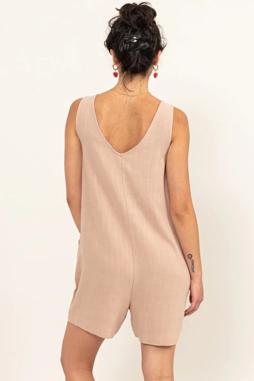 V-Neck Sleeveless Romper with Pockets in Tan for Women