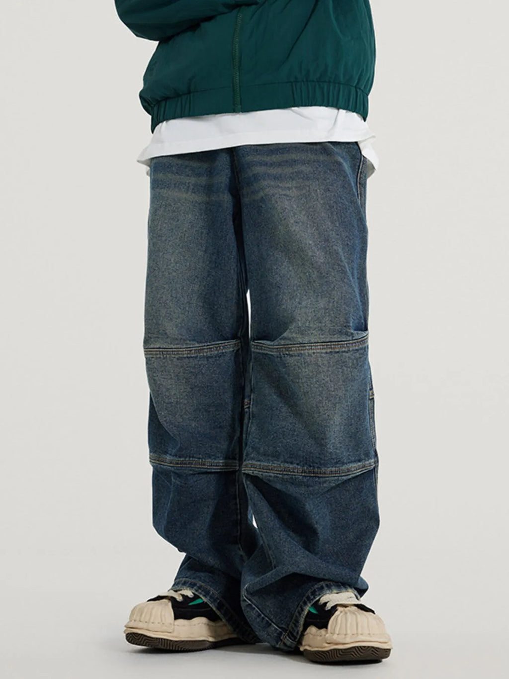 Vintage Wide Leg Utility Jeans with Multi-Panel Design in Retro Blue for Men