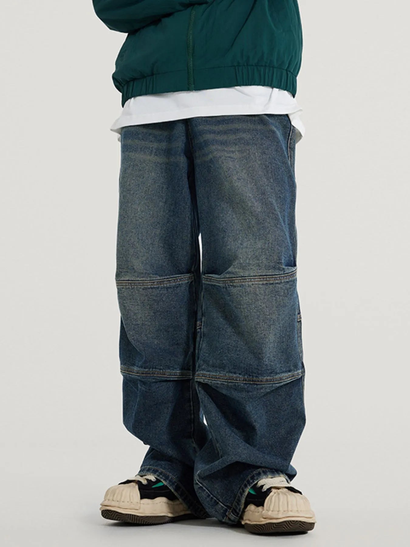 Vintage Wide Leg Utility Jeans with Multi-Panel Design in Retro Blue for Men