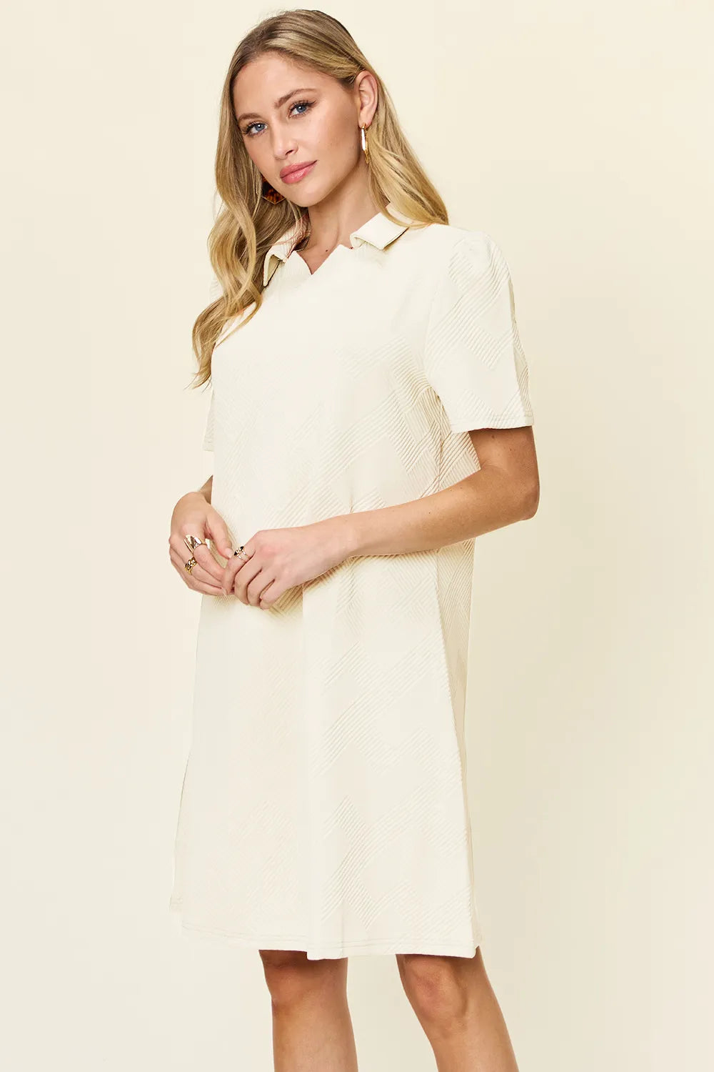 Plus Size Texture Collared Neck Short Sleeve Dress in Lavender for Women