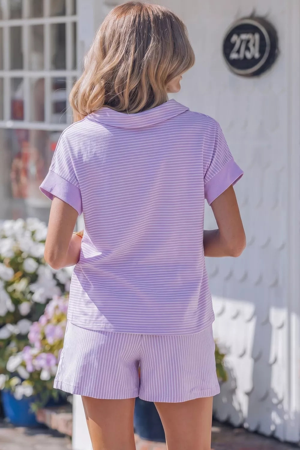 Stripe Dolman Sleeve Polo Shirt and Drawstring Shorts Set in Lilac for Women