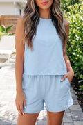 Stitched Detail Loose Tank Top Two-Piece Shorts Set in Light Blue for Women