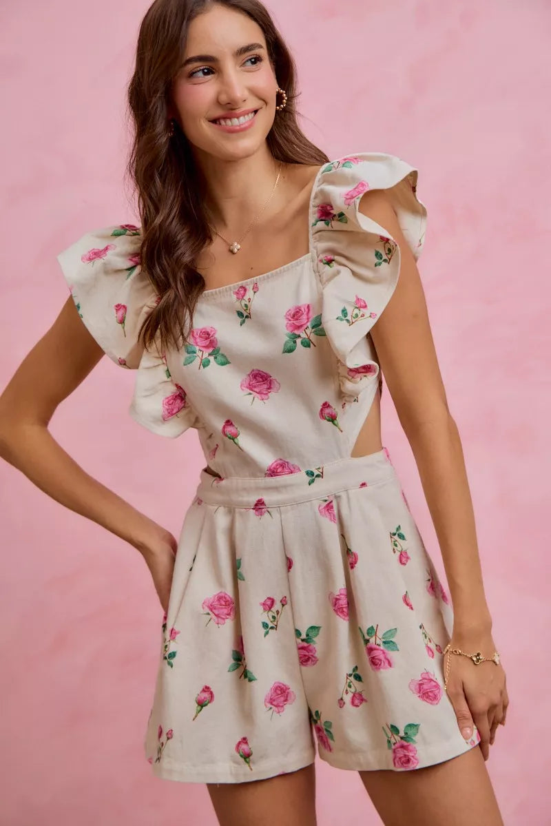 Floral Print Denim Cut Out Waist Ruffled Romper in Ivory Pink for Women