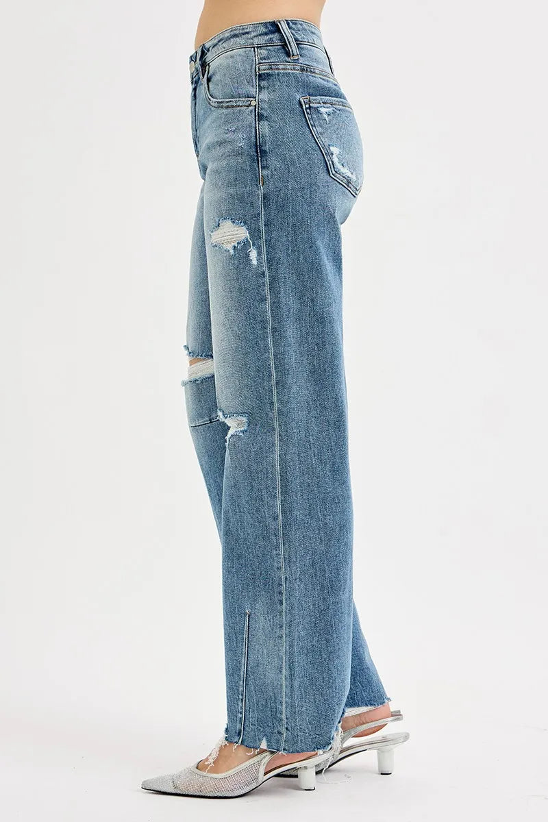 Mid Rise Fit Wide Baggy Leg Tie Washed Jeans Plus Size in Medium for Women