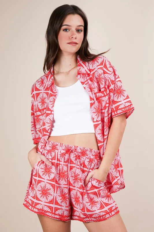 Tropical Printed Shirt Top and Shorts Set Plus Size in Tomato for Women
