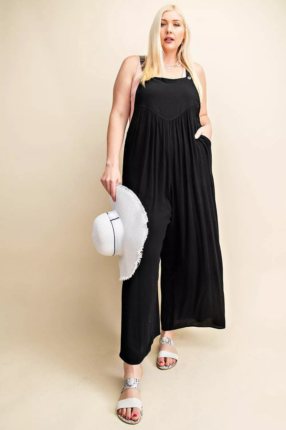 Kori America Plus Size Sleeveless Ruched Wide Leg Overalls for Women